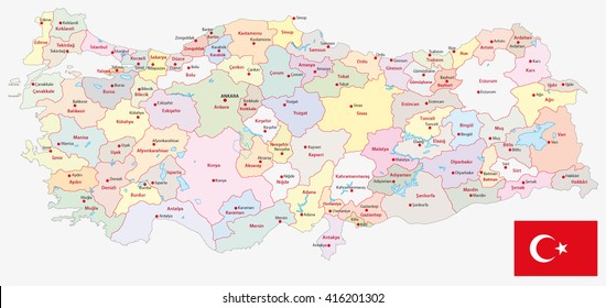 administrative vector map of the Turkish republic with flag 