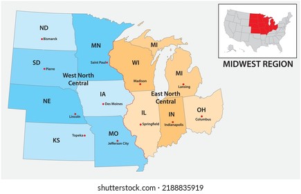 Administrative Vector Map Of The US Census Region Midwest