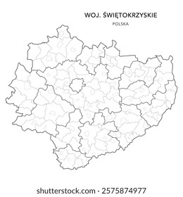 Administrative Vector Map of the Świętokrzyskie Voivodeship (or Holy Cross) with Municipality Areas (Obszary Gmin), Municipalities (Gminy), and Counties (Powiaty) Subdivisions - Poland (Polska) 2025