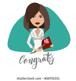Administrative workers day congratulations design. Office workers holiday congrats design for banners,cards, t-shits, flyers, web. Pretty brunette female vector boss or assistant design