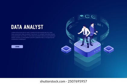 Administrator Analyzes Data Chart: Man looks at graphic chart, Virtual Reality, Business Analytics, Big Data Processing, Server Room, Isometric Neon Vector Illustration