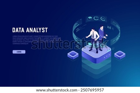 Administrator Analyzes Data Chart: Man looks at graphic chart, Virtual Reality, Business Analytics, Big Data Processing, Server Room, Isometric Neon Vector Illustration