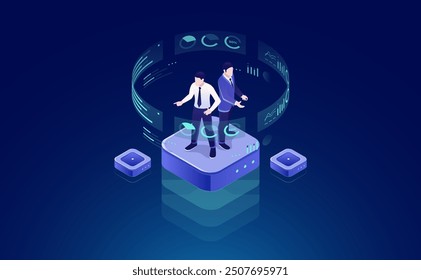 Administrator Analyzes Data Chart: Virtual Reality, Business Analytics, Big Data Processing, Server Room, Isometric Neon Vector Illustration