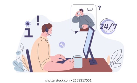 Administrator or call center worker. Young man with headphone consulting guy. Service line, hotline and support, online helping vector concept