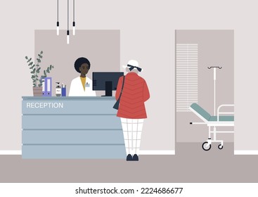 Administrator consulting a senior patient behind the receptionist desk, a modern clinics entrance