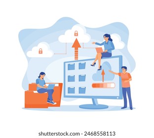 The administrator and developer team work on a computer. Uses cloud server storage services to store files. Storage concept. Flat vector illustration.