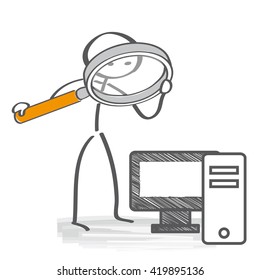 administrator examine computer - stick figure with magnifying glass and computer