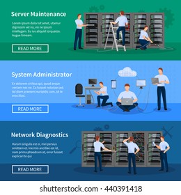 IT administrator horizontal banners with network engineers working in server room for hardware diagnostic flat vector illustration