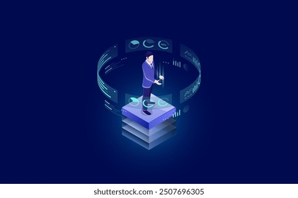 Administrator in Server Room Analyzing Big Data Chart, Business Analytics with Virtual Reality, Isometric Illustration, Interface in Neon Vector Style
