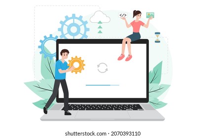 IT administrator with software upgrade process on laptop. Digital system device administration, network upkeeping, computer systems configuration concept. System maintenance application vector.