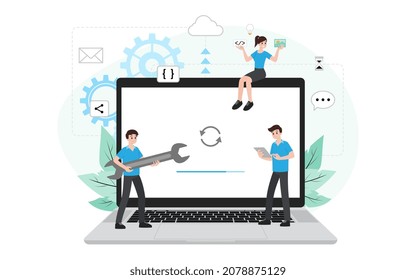 Administrador de TI con proceso de actualización de software en laptop. Administración de dispositivos de sistemas digitales, mantenimiento de redes, concepto de configuración de sistemas informáticos. Vector de aplicación de mantenimiento del sistema.