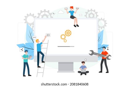 Administrador de TI con proceso de actualización de software en laptop. Administración de dispositivos de sistemas digitales, mantenimiento de redes, concepto de configuración de sistemas informáticos. Vector de aplicación de mantenimiento del sistema.