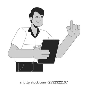 O supervisor do administrador indian man clipboard dedo para cima preto e branco 2D caractere de linha. Inspetor masculino do Sul da Ásia apontando para cima isolado vetor pessoa contorno. Ilustração de ponto monocromático