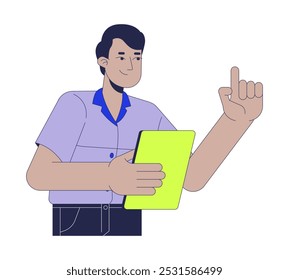 Administrator supervisor indian man holding clipboard finger up 2D cartoon character. South asian male inspector pointing up isolated person flat vector on white background. Spot illustration colorful