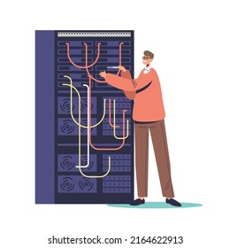 Administrador de TI trabajando en la sala de servidores. Mantenimiento del servicio. Administración de sistemas, mantenimiento de redes, concepto de configuración de sistemas informáticos. Dibujo vectorial plano de dibujos animados