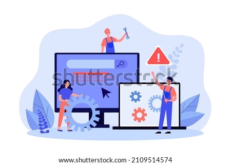 Administrators fixing computer problems. Tiny male worker of repair service with wrench flat vector illustration. Maintenance, tech support of PC concept for banner, website design or landing web page