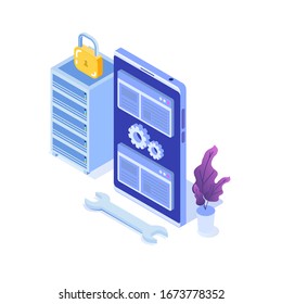 IT  Administrators server, systems configuration, network upkeeping, Data center  concept. Flat isometric vector illustration