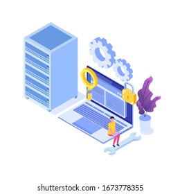 IT  Administrators server, systems configuration, network upkeeping, Data center  concept. Flat isometric vector illustration