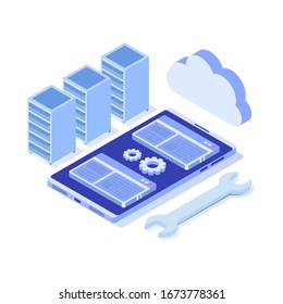 IT  Administrators server, systems configuration, network upkeeping, Data center  concept. Flat isometric vector illustration