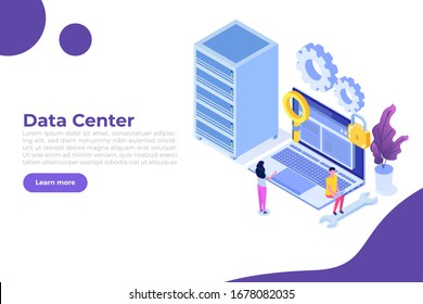 IT  Administrators server, systems configuration, network upkeeping, Data center  concept. Flat isometric vector illustration