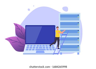 IT  Administrators server, systems configuration, network upkeeping, Data center  concept. Flat  vector  template illustration.