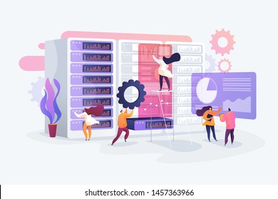 IT Administrators Working In Server Room. Service Maintenance. System Administration, Network Upkeeping, Computer Systems Configuration Concept. Vector Isolated Concept Creative Illustration