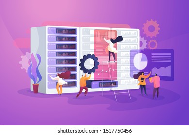 IT Administrators Working In Server Room. Service Maintenance. System Administration, Network Upkeeping, Computer Systems Configuration Concept. Vector Isolated Concept Creative Illustration