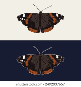 Admiral butterfly with spread wings, antennae. Single isolated colorful illustration. Image tracing, cleaned and simplified image. Realistic style. Not AI.