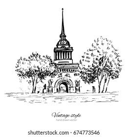 Admiralty spire of Saint Petersburg landmark, Russia, hand drawn engraving vector illustration isolated on white, vintage style ink sketch building for touristic postcard, poster, calendar template