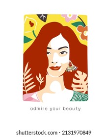 admire your beauty slogan with girl on flower background vector illustration