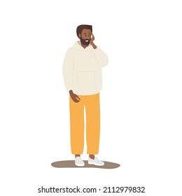 Bewunderter Mann, der nach etwas sucht. Junge Afroamerikaner tragen lockere Kleidung. Der Mensch überraschte und fröhlich. Farbige Cartoon-Flavektor-Vektorgrafik auf Weiß. Fröhlicher Mann, der den Mund anschaut. Wow-Effekt