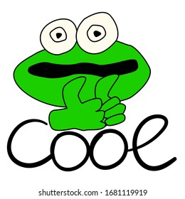 Admiring Cartoon Frog. A toad with a mesmerized look shows a thumb. The maximum rating. Handwritten word "Cool." Fun vector character for print, logos and stickers.