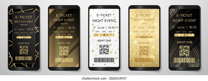 Admission e-ticket template set. Contemporary entrance ticket with line, star pattern on gold, black, white background. Vector design template for concert event, music performance, exhibition, show