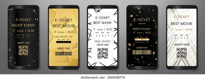 Admission e-ticket template set. Contemporary entrance ticket with line, star pattern on gold, black, white background. Vector design template for concert event, music performance, exhibition, show