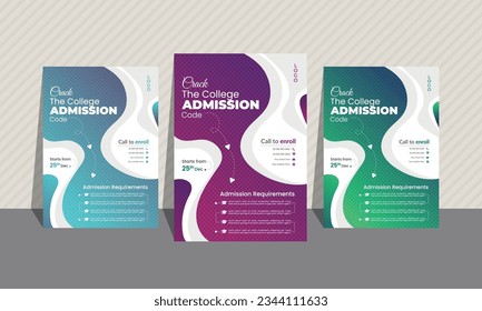 Admission flyer bundle of 3 gradient colors. Most unique curvy shapes, background image, and layout.A4 size. Blue, sky blue, purple, green, neon. White background and user friendly.
