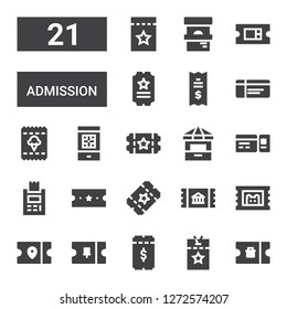 admission icon set. Collection of 21 filled admission icons included Ticket, Vip pass, Ticket office, Boarding pass