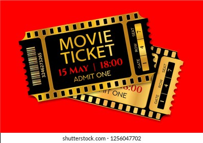 Admission movie ticket template. Vector mockup pass (tear-off) with gold and black film tape creative background design. Useful for cinema, music event, entertainment show, concert entry