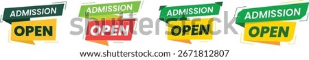 Admission open banner set collection with green red and yellow ribbon labels bold typography modern educational institute enrollment announcement school college vector design