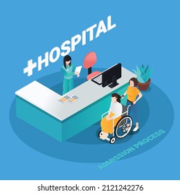 Admission process at hospital receptionist 3D isometric vector concept for banner, website, illustration, landing page, flyer, etc