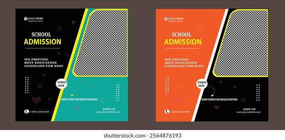 Admission School New Post Design with vector.
School admission social media post banner template, educational social media post square flyer back to school
