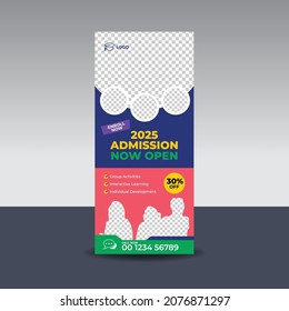 Admission stand banner template for school, college, university, coaching center vector template design. Kids School Admission open roll up banner design template 