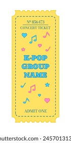 Admission ticket to a K-pop group concert, decorated with musical notes and hearts. Vector illustration isolated on white background