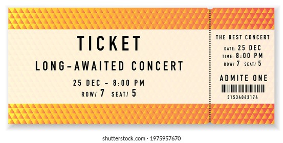 Admission ticket template. Creative entrance ticket with abstract triangle pattern on gold background. Design vector template for concert event, musical performance, exhibition, show