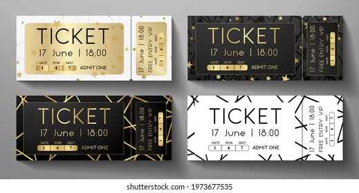 Admission ticket template set. Creative entrance ticket with line, star pattern on gold, black, white background. Design vector template for concert event, music performance, exhibition, show