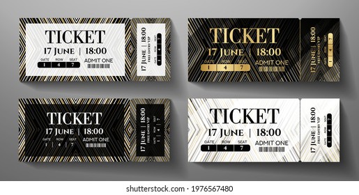 Admission ticket template set. Stripe tear-off (stub) entrance ticket with line pattern on black and white background. Vector design template for concert event, musical performance, exhibition, show