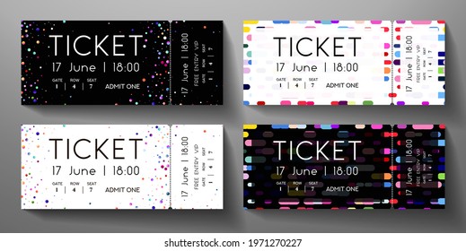 Admission ticket template set. Tear-off (stub) entrance ticket with circular dots, vertical colorful line on black, white background. Vector design template for concert event, music performance, show