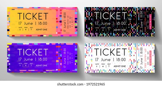 Admission ticket template set. Tear-off (stub) entrance ticket with circular dots, vertical colorful line on black, white background. Vector design template for concert event, music performance, show