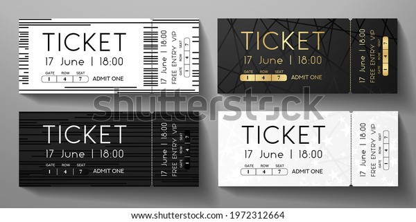 Admission ticket template set. Tear-off (stub)\
entrance ticket with line, stars on black, white background. Vector\
design template for concert event, music performance, exhibition,\
show, raffle