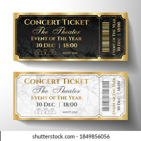 Admission Ticket Template. Tear-off (stub) Entrance Ticket With Gold Frame, Line Pattern On Black, White Background. Vector Design For Concert Event, Music Performance, Exhibition, Show, Raffle