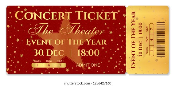 Admission ticket template. Vector mockup concert ticket (tear-off) with star magical red and gold background. Useful for any festival, party, movie, cinema, birthday event, entertainment show